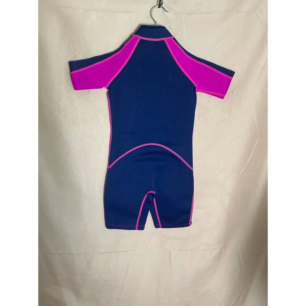 Seaskin Wetsuit Girls Size 6 Navy Blue Pink Excellent Shorty Front Zip Short Slv